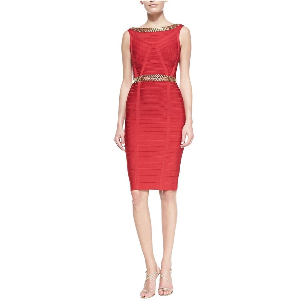 Herve Leger Lipstick Red Ardell Sleeveless Bandage Dress